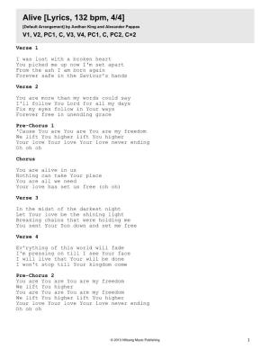 Alive [Lyrics, 132 Bpm, 4/4] [Default Arrangement] by Aodhan King and Alexander Pappas V1, V2, PC1, C, V3, V4, PC1, C, PC2, C×2