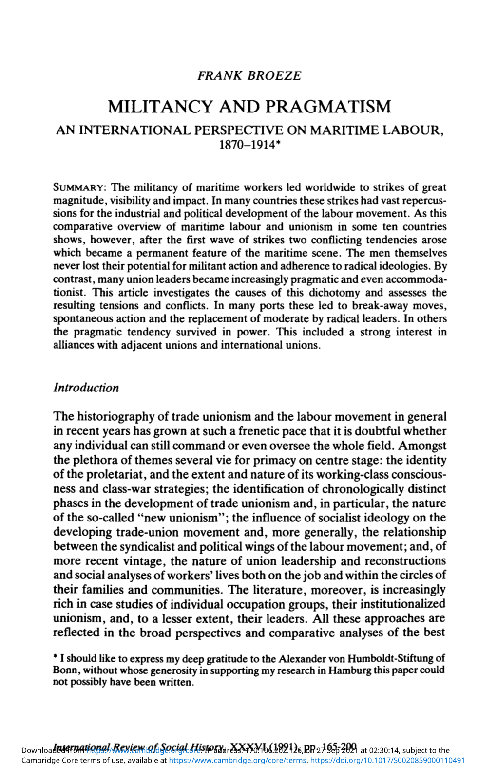 Militancy and Pragmatism an International Perspective on Maritime Labour, 1870-1914*