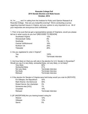 Roanoke College Poll 2014 Senate Election and State Issues October, 2014