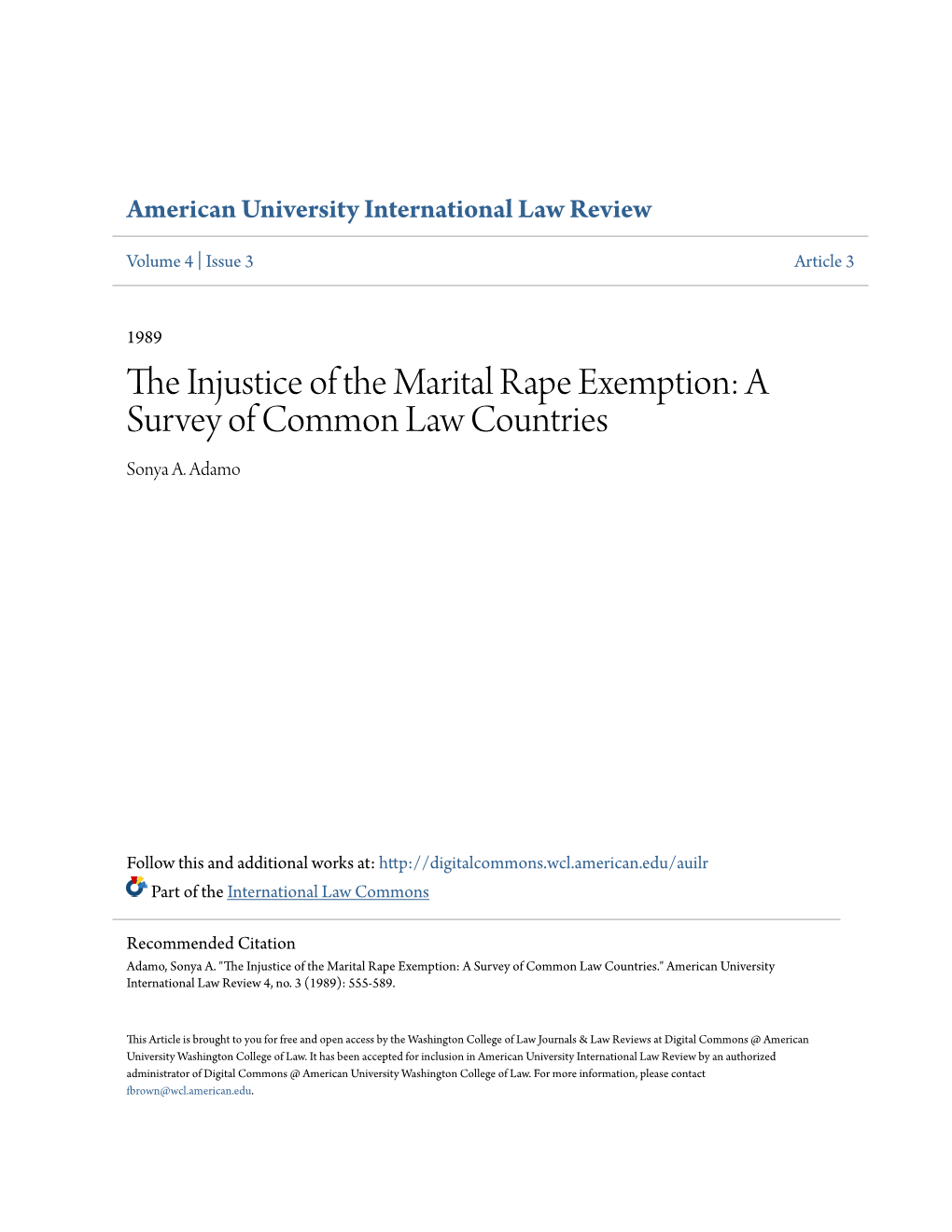 The Injustice of the Marital Rape Exemption: a Survey of Common Law Countries