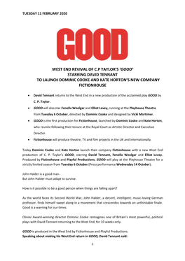 'Good' Starring David Tennant to Launch Dominic Cooke