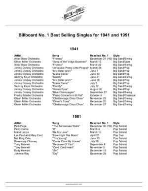 Billboard No. 1 Best Selling Singles for 1941 and 1951