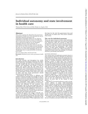 Individual Autonomy and State Involvement in Health Care
