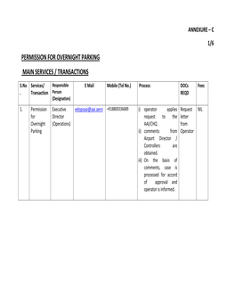 Permission for Overnight Parking Main Services / Transactions