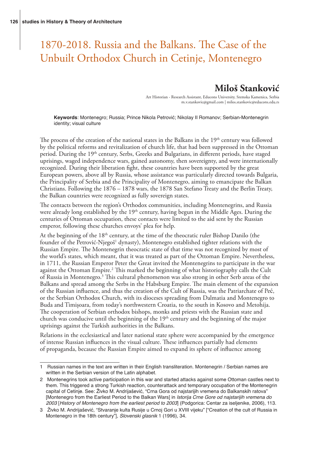 1870-2018. Russia and the Balkans. the Case of the Unbuilt Orthodox Church in Cetinje, Montenegro