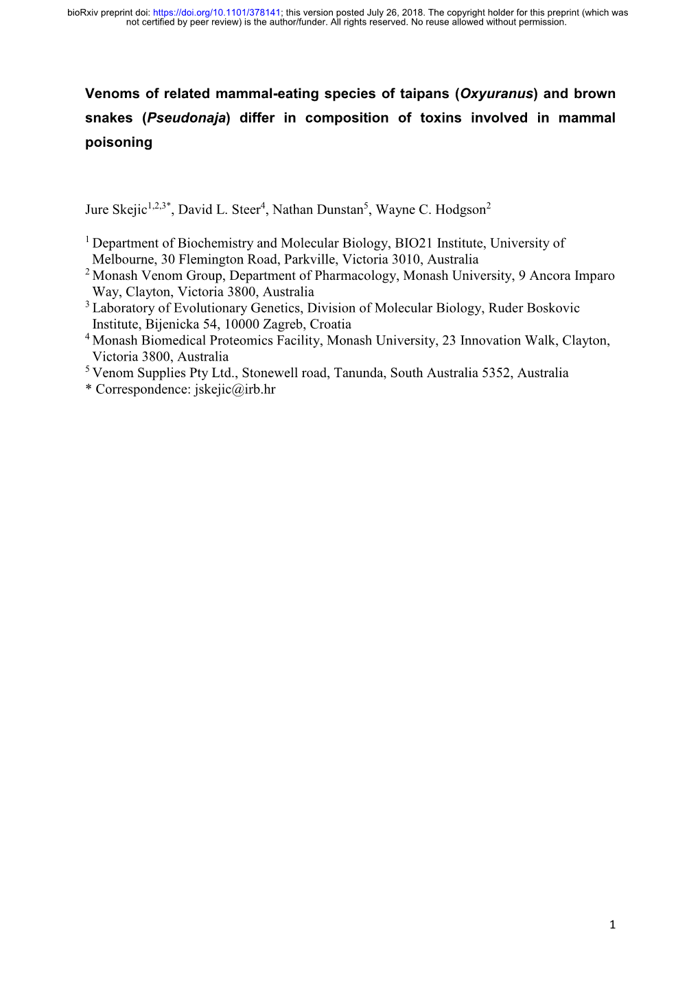 (Oxyuranus) and Brown Snakes (Pseudonaja) Differ in Composition of Toxins Involved in Mammal Poisoning