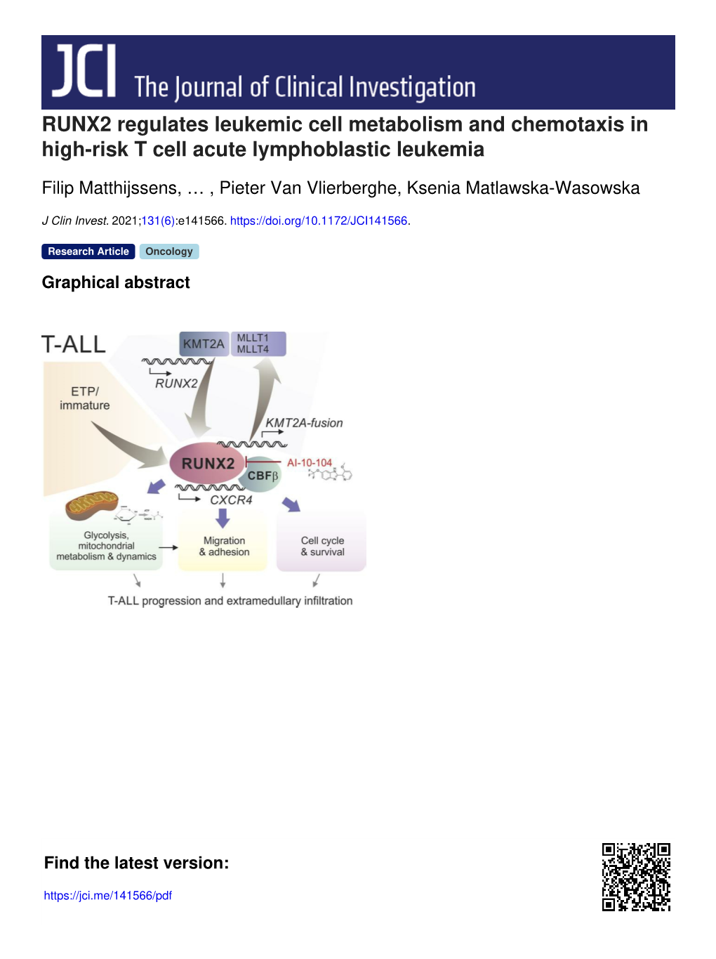 RUNX2 Regulates Leukemic Cell Metabolism and Chemotaxis in High-Risk T Cell Acute Lymphoblastic Leukemia