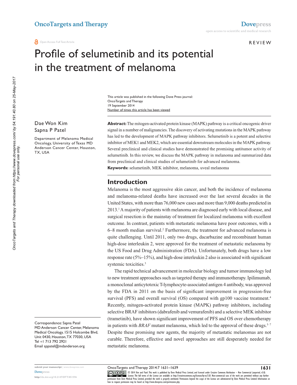 Profile of Selumetinib and Its Potential in the Treatment of Melanoma