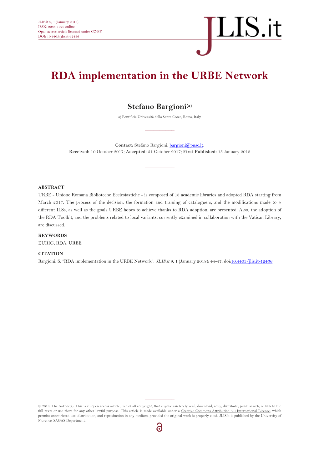 RDA Implementation in the URBE Network