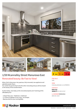 1/59 Mcannalley Street Manurewa East 4 1 0 Renovated Beauty: Be Fast to View! for SALE Sold What a Find in Manurewa