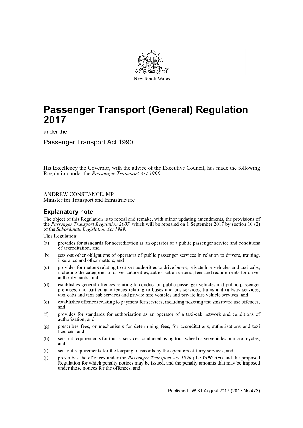Passenger Transport (General) Regulation 2017 Under the Passenger Transport Act 1990
