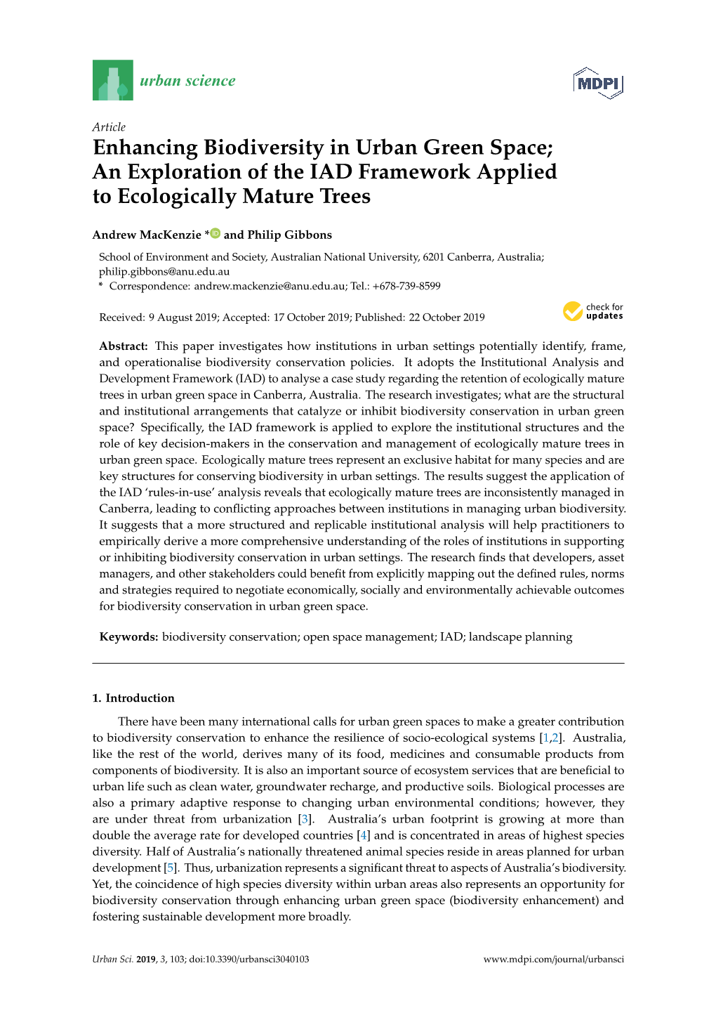 Enhancing Biodiversity in Urban Green Space; an Exploration of the IAD Framework Applied to Ecologically Mature Trees