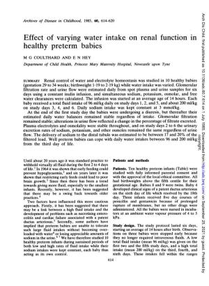 Effect of Varying Water Intake on Renal Function in Healthy Preterm Babies