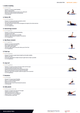 1. Ankle Mobility 2. Pelvic Lift 3. Hamstrings Stretch 4. Hip Flexor Stretch 5. Push up 6. Leg Curl 7. Rotation 8. Side Plank