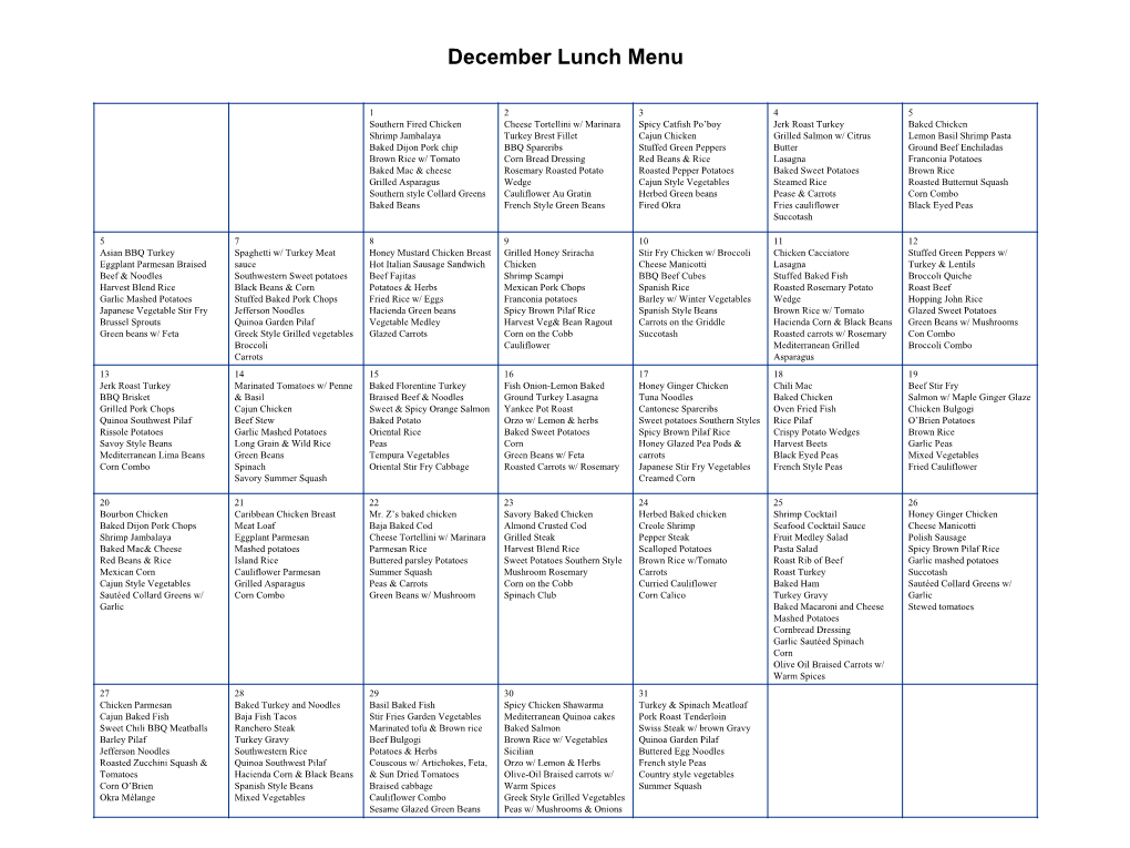 December Lunch Menu