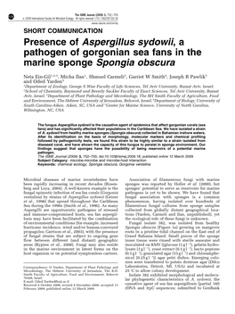 Presence of Aspergillus Sydowii, a Pathogen of Gorgonian Sea Fans In