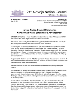 Navajo Nation Council Commends Navajo Utah Water Settlement's
