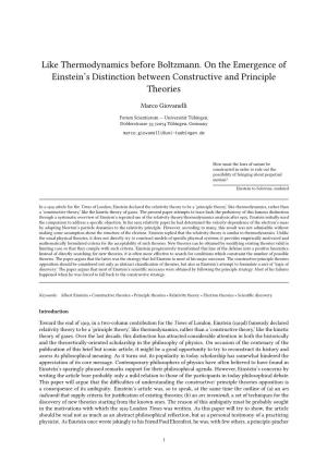 Like Thermodynamics Before Boltzmann. on the Emergence of Einstein’S Distinction Between Constructive and Principle Theories
