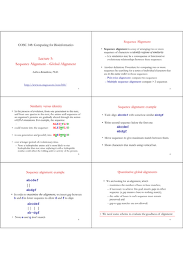 Lecture 5: Sequence Alignment – Global Alignment