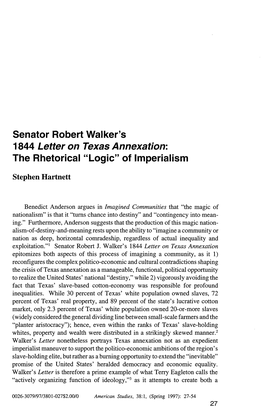 Senator Robert Walker's 1844 Letter on Texas Annexation: the Rhetorical "Logic" of Imperialism