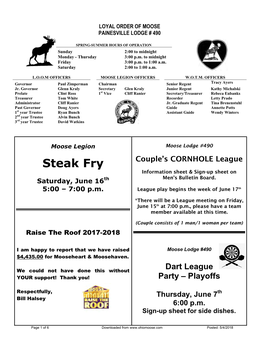 Steak Fry Information Sheet & Sign-Up Sheet on Th Men’S Bulletin Board