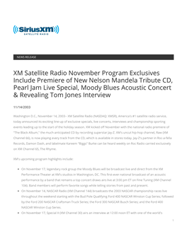 XM Satellite Radio November Program Exclusives Include