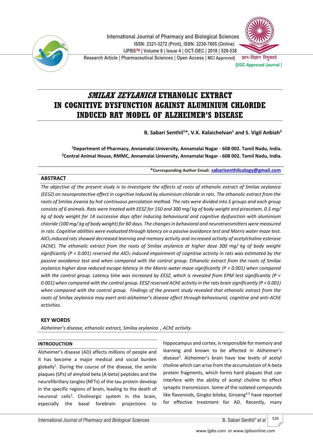 Smilax Zeylanica Ethanolic Extract in Cognitive Dysfunction Against Aluminium Chloride Induced Rat Model of Alzheimer’S Disease