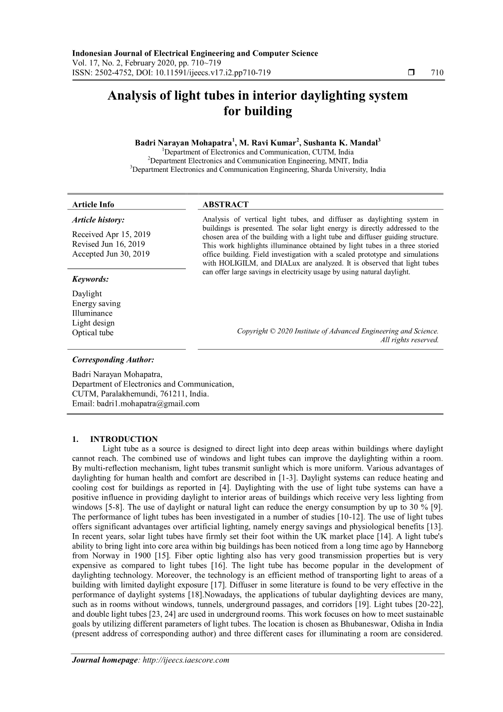 Analysis of Light Tubes in Interior Daylighting System for Building