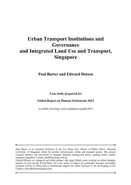 Urban Transport Institutions and Governance and Integrated Land Use and Transport, Singapore