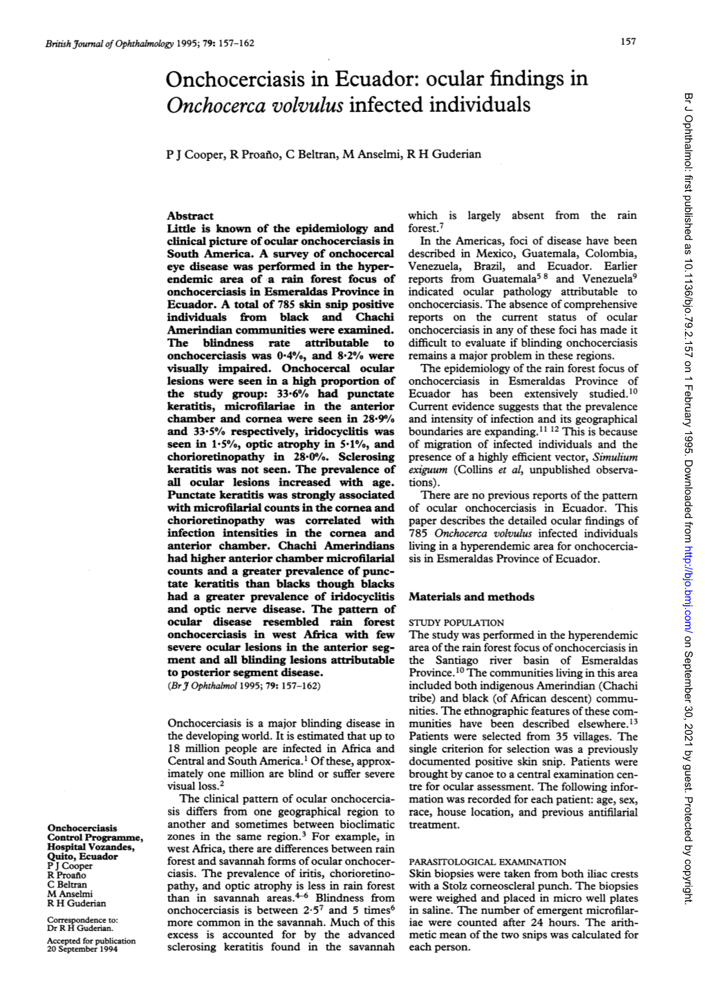 Onchocerciasis in Ecuador: Ocular Findings in Onchocerca Volvulus Infected Individuals Br J Ophthalmol: First Published As 10.1136/Bjo.79.2.157 on 1 February 1995