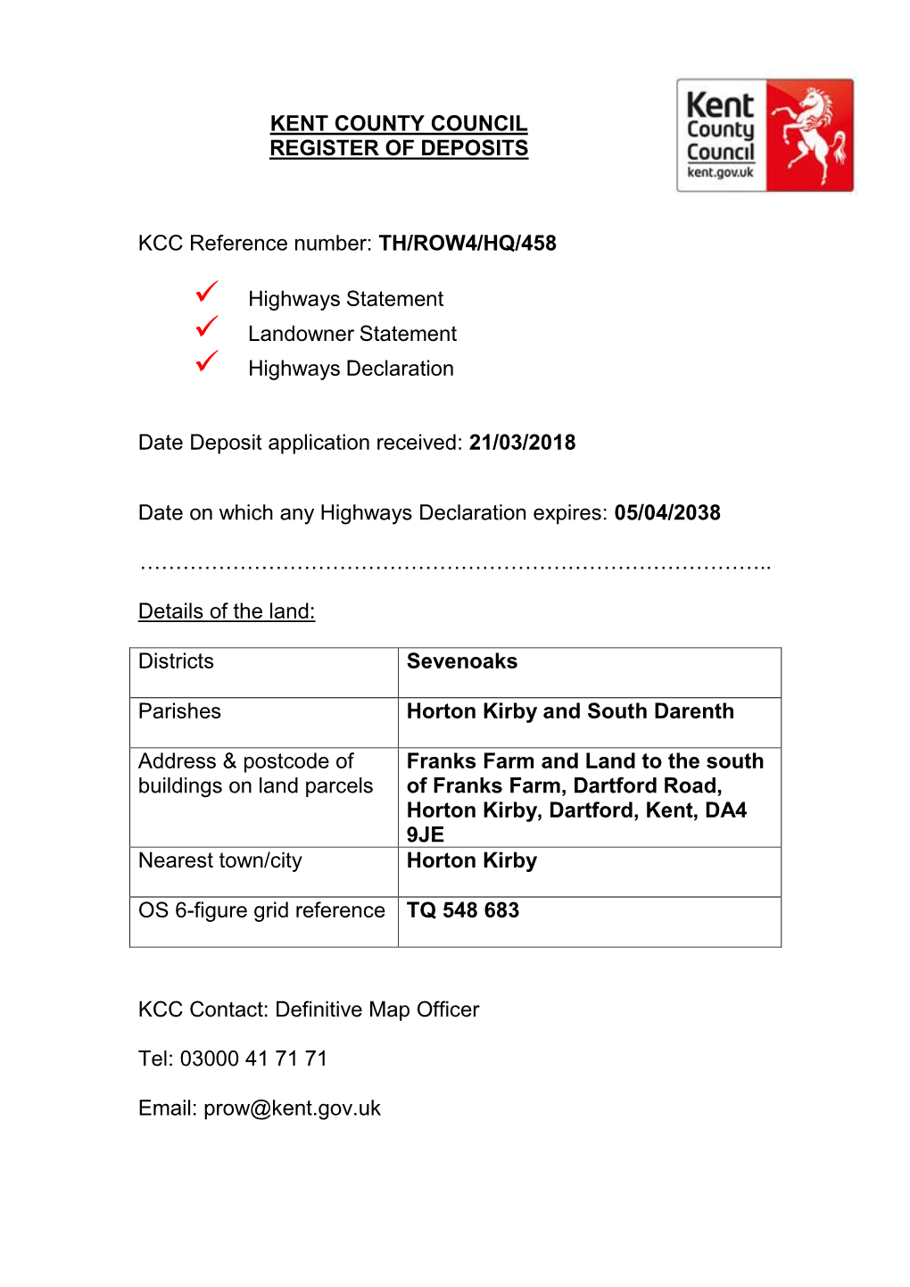 TH/ROW4/HQ/458 Highways Statement Landowner Statement