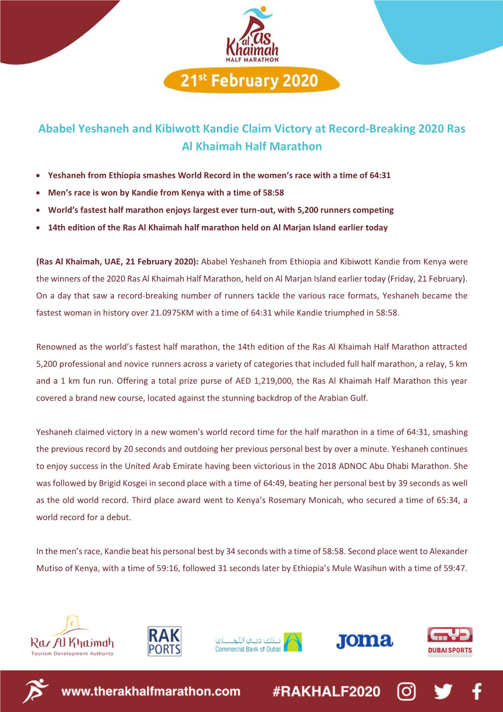 Ababel Yeshaneh and Kibiwott Kandie Claim Victory at Record-Breaking 2020 Ras Al Khaimah Half Marathon