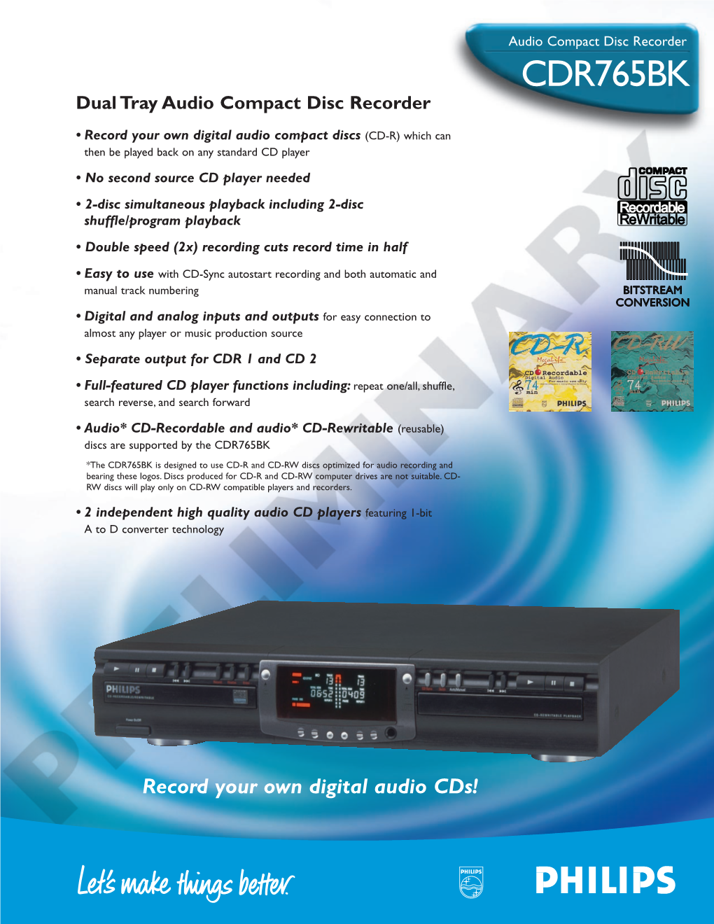 CDR765BK Dual Tray Audio Compact Disc Recorder