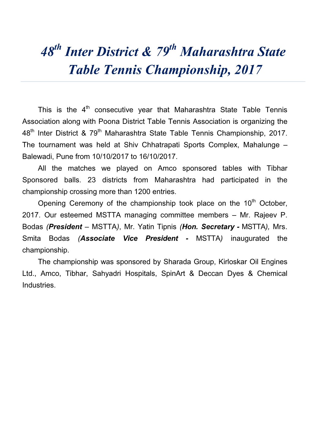 48 Inter District & 79 Maharashtra State Table Tennis Championship