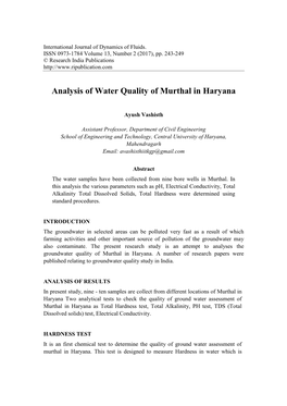 Analysis of Water Quality of Murthal in Haryana