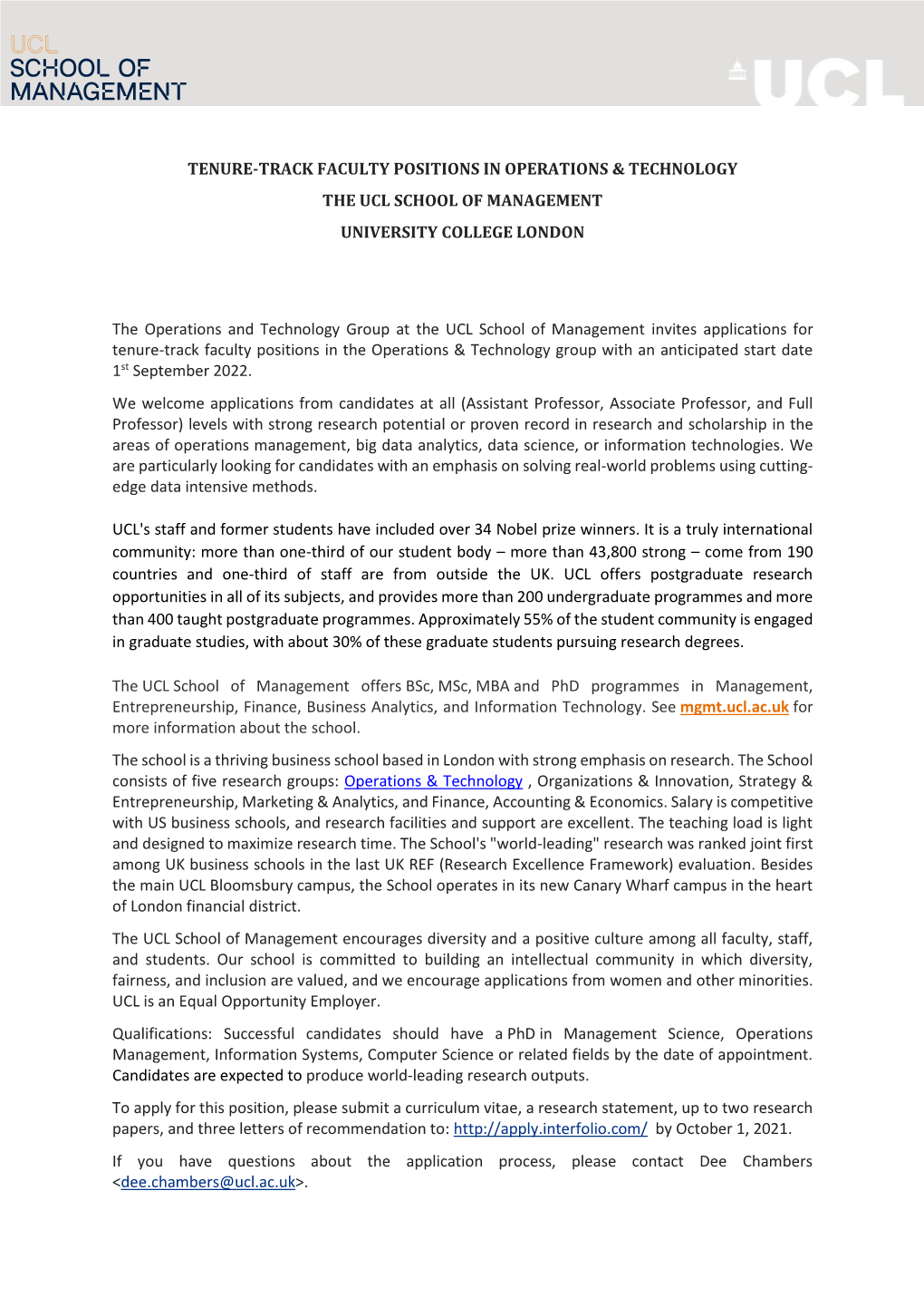 5. Tenure-Track Faculty Positions in Operations & Technology, UCL