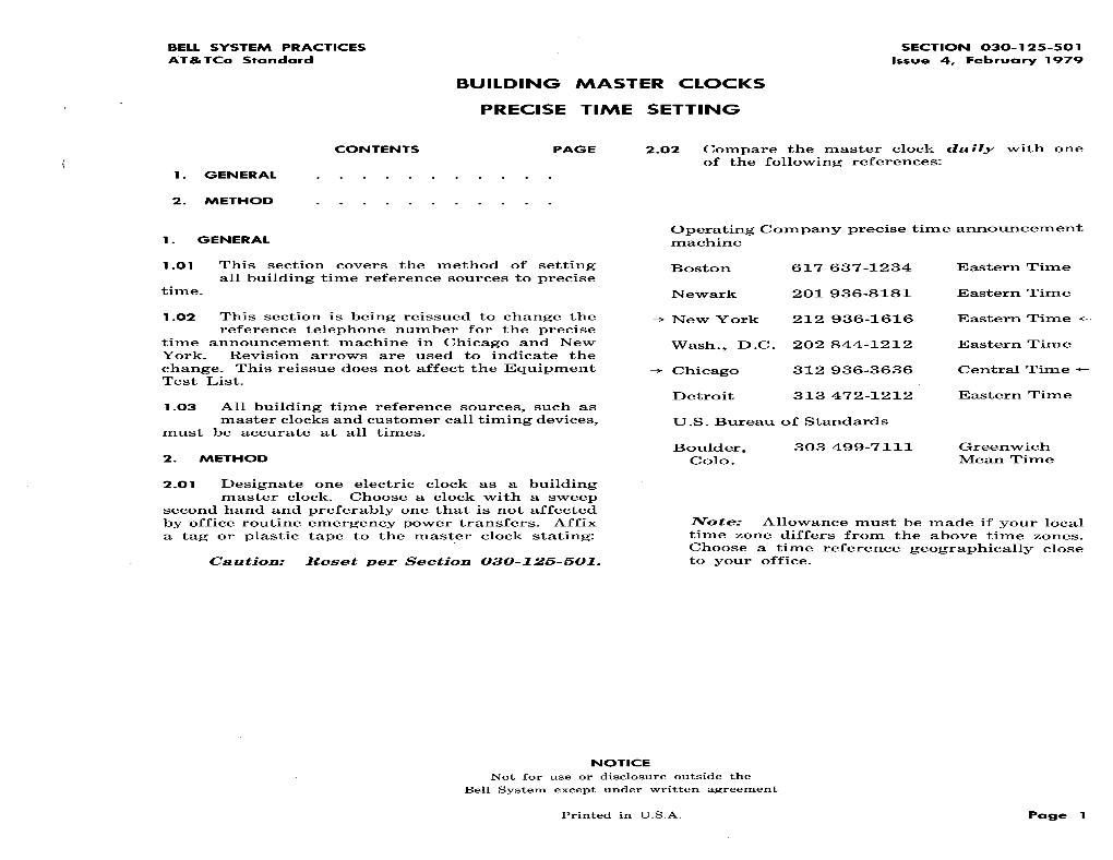 030-125-501 at & Tco Standard Issue 4, February 1979 BUILDING MASTER CLOCKS PRECISE TIME SETTING