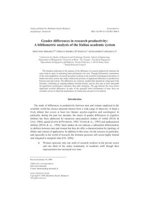 Gender Differences in Research Productivity: a Bibliometric Analysis of the Italian Academic System