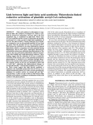 Link Between Light and Fatty Acid Synthesis: Thioredoxin-Linked Reductive Activation of Plastidic Acetyl-Coa Carboxylase