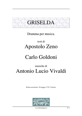 GRISELDA Apostolo Zeno Carlo Goldoni Antonio