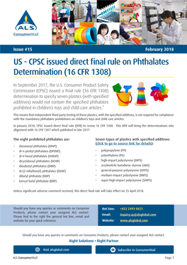 CPSC Issued Direct Final Rule on Phthalates Determination (16 CFR 1308)