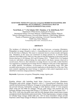 SCIENTIFIC NOTES on Coptosoma Variegatum HERRICH-SCHAEFFER, 1838 (HEMIPTERA: PLATASPIDAE): a POTENTIAL PEST of MANGO FLOWER in MALAYSIA