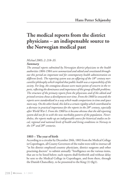 The Medical Reports from the District Physicians – an Indispensable Source to the Norwegian Medical Past