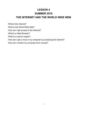 Lesson 4 Summer 2016 the Internet and the World Wide Web