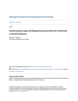 Enhancing the Legal and Regulatory Environment for Investment in Social Enterprise
