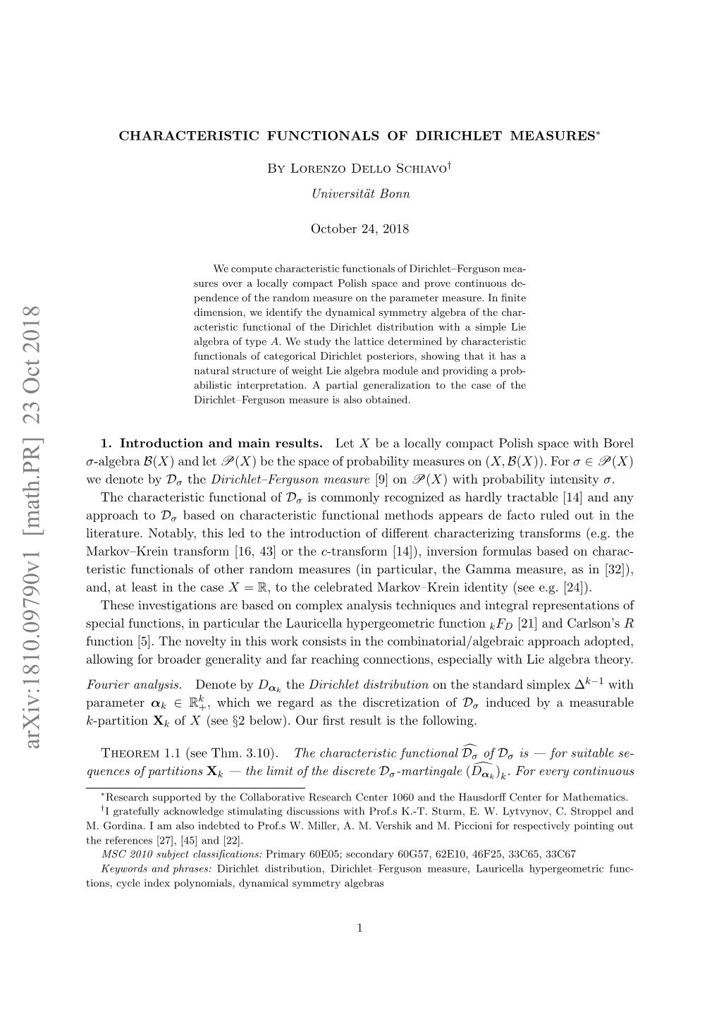 Characteristic Functionals of Dirichlet Measures∗