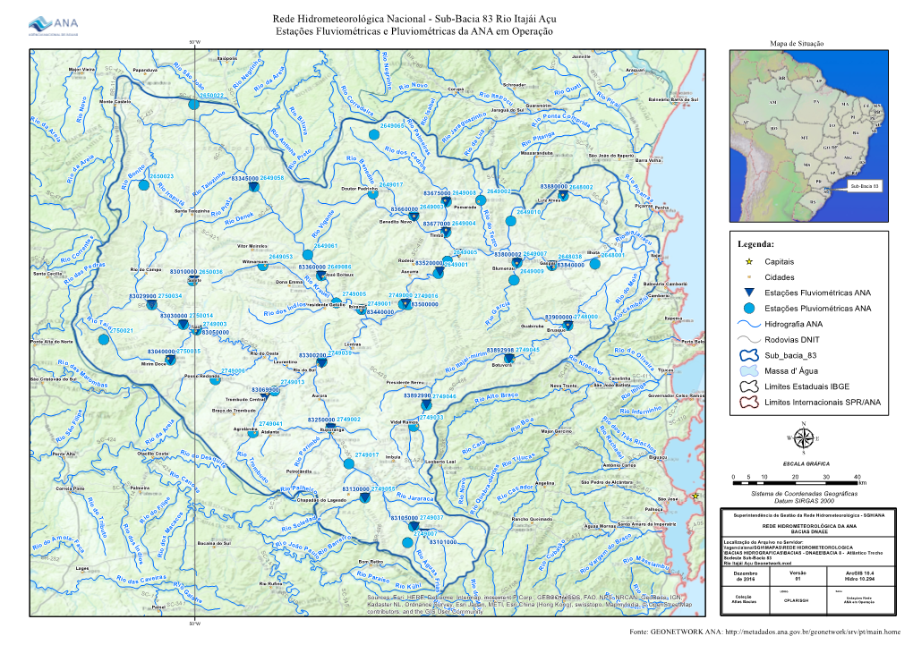Sub-Bacia 83 Rio Itajái Açu Estações Fluviométricas E Pluviométricas Da ANA Em Operação 50°W Mapa De Situação