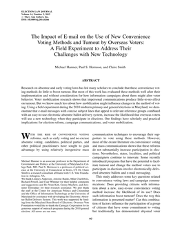 The Impact of E-Mail on the Use of New Convenience Voting Methods and Turnout by Overseas Voters: a Field Experiment to Address Their Challenges with New Technology