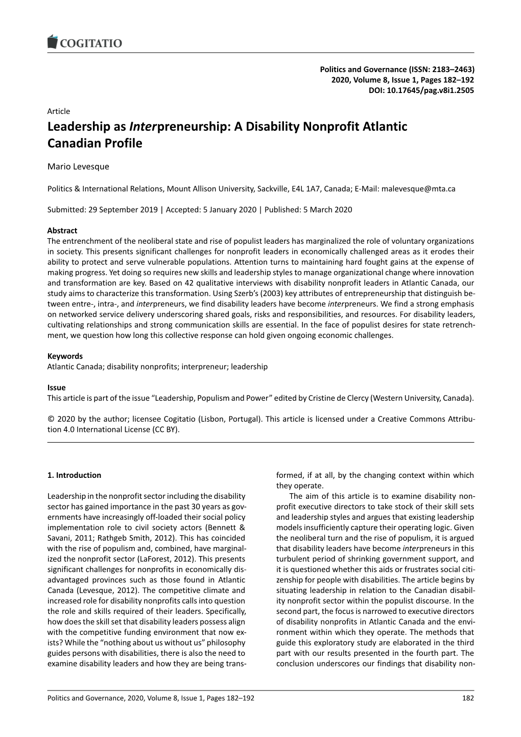 Leadership As Interpreneurship: a Disability Nonprofit Atlantic Canadian Profile
