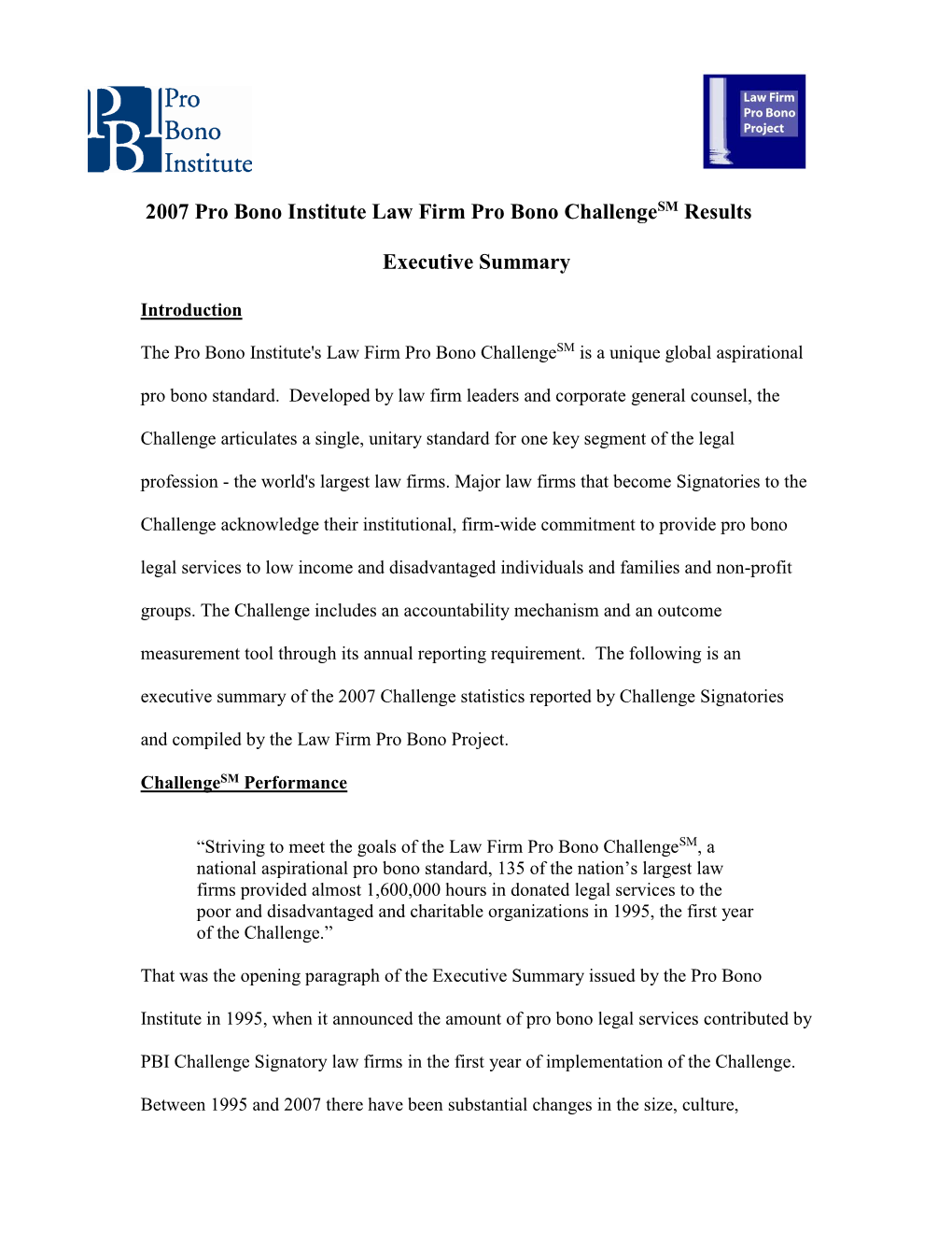 2007 Pro Bono Institute Law Firm Pro Bono Challengesm Results